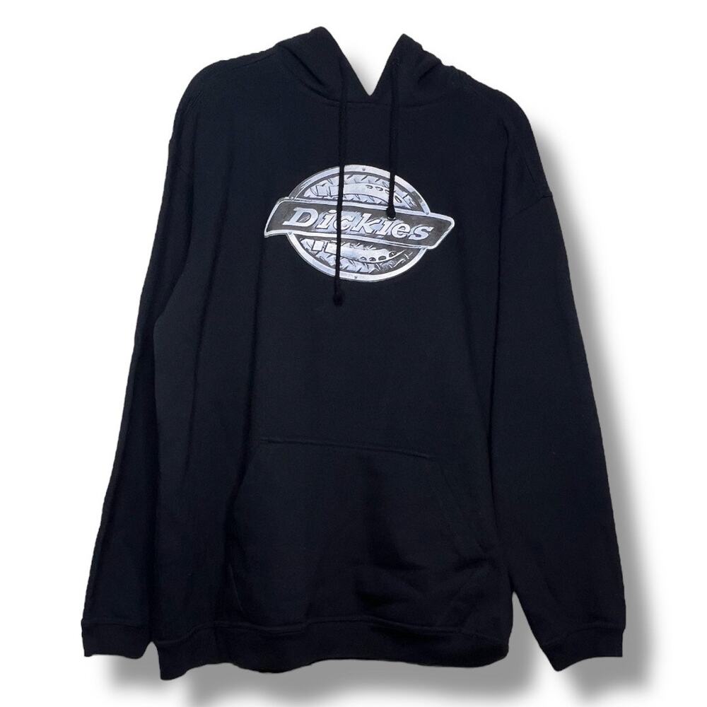 Vintage Men's Dickies Black Hoodie Sweatshirt with Metallic Logo Size Large